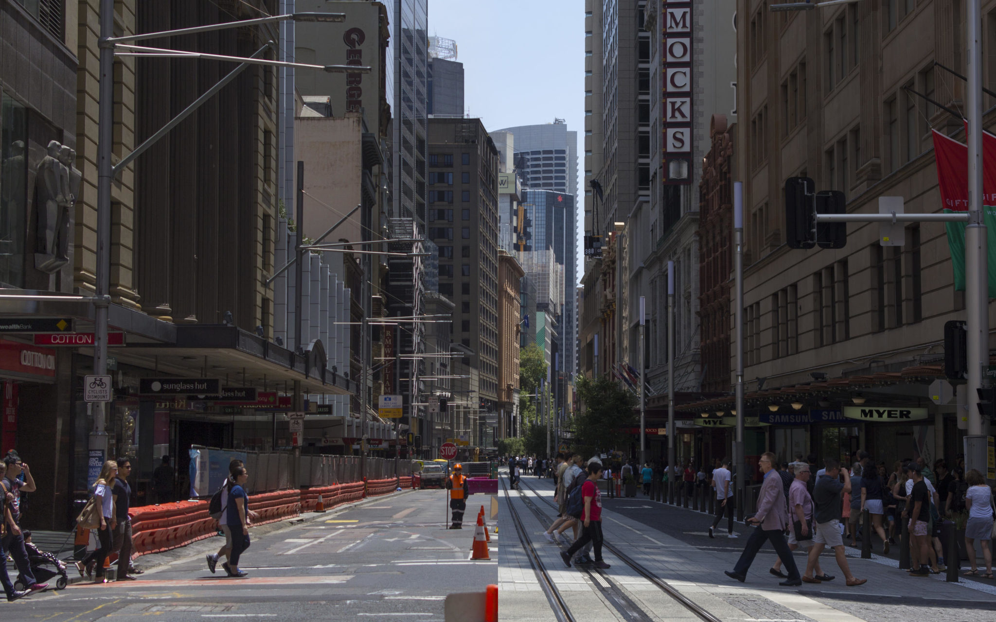 Photo of George St & Market St, before and after the construction of the George St light rail.